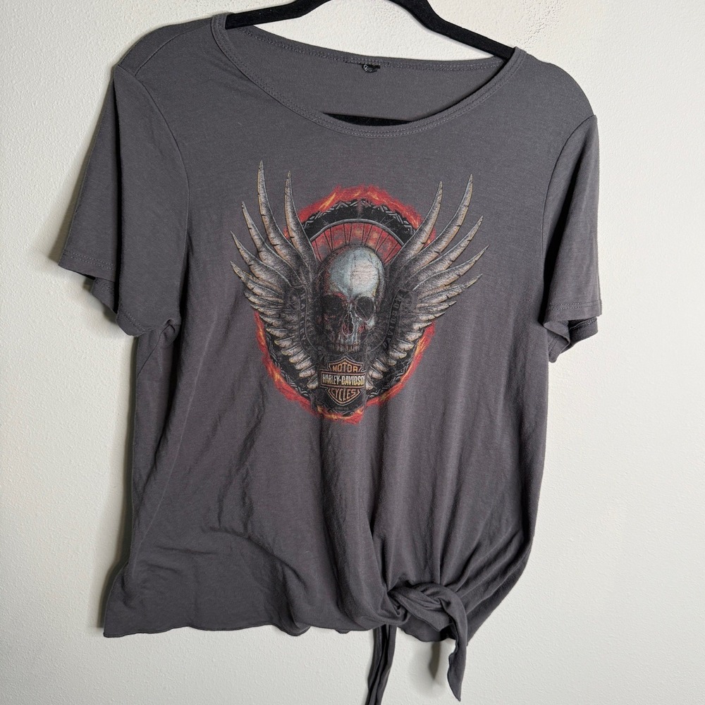 Harley Davidson Women's Vintage Jet City Gray Skull Winged Graphic T Shirt Biker